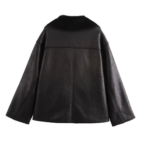 Rear view of black faux shearling coat showing textured leather and plush collar detail