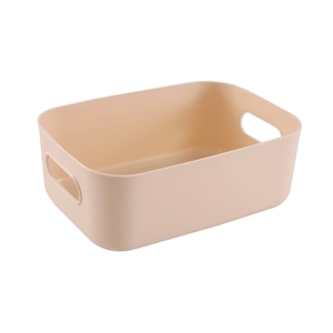 Pink matte plastic rectangular storage bin with handles for organizing home cosmetics