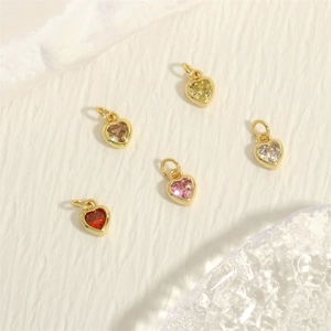 Five colorful heart charms with gold plating and cubic zirconia for DIY jewelry making