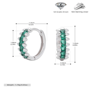 Detailed view of S925 silver hoop earrings featuring green zircons and precise measurements