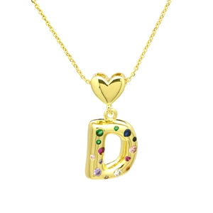Detailed macro view of gold letter D pendant with multi-color zircon stones and heart clasp