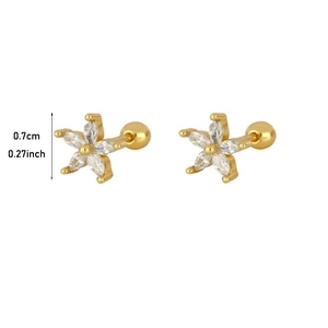 Detail view of gold flower stud earrings with crystals and screw ball back, 0.7cm diameter