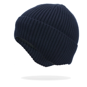 Navy blue winter knit beanie with thick ribbing and fleece lining for cold protection