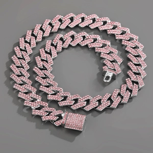 Collana Miami Cuban 15mm argento con strass rosa pavé stile hip hop da uomo