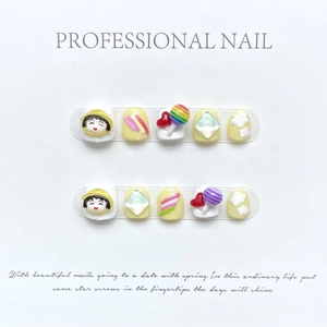 Faux Ongles À Presser Enfants 3D Dessin Animé Jaune Blanc Faux Ongles Mignons Portables Accessoires Nail Art Filles