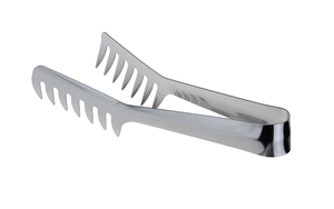 Macro shot of stainless steel pasta tongs showing polished comb-like teeth for easy grip