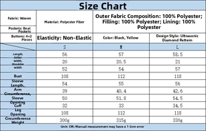 Detailed size chart with measurements for the plaid long sleeve buttoned cotton jacket