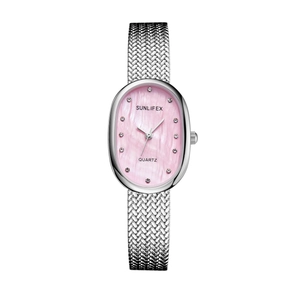 Elegant oval silver mesh strap quartz watch with pink mother of pearl dial and rhinestones