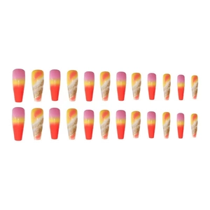 Long coffin gradient press-on nails from pink to orange-red with gold glitter accents