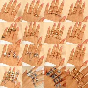 Vintage Alloy Ring Collection For Women Star Moon Heart Geometric Rhinestone Artificial Pearl Inlaid Bohemian Jewelry
