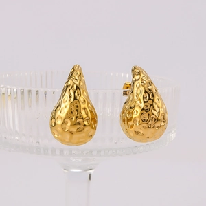 Vintage 18K gold-plated stainless steel teardrop earrings with hammered texture