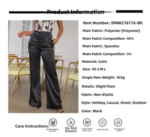 Detail view of black satin flared trousers showing size chart and fabric composition