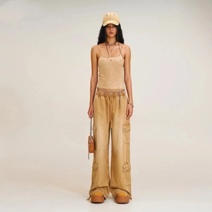 Retro khaki cargo pants with high waist drawstring and wide leg loose fit for women