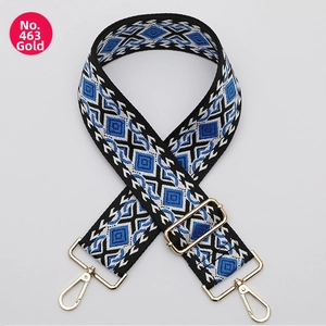 Detail of blue diamond woven bag strap with durable gold metal swivel hooks