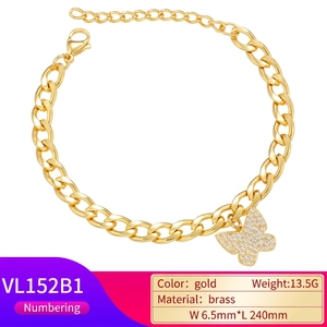 Gold plated brass chain bracelet with micro-pave zircon butterfly charm for women