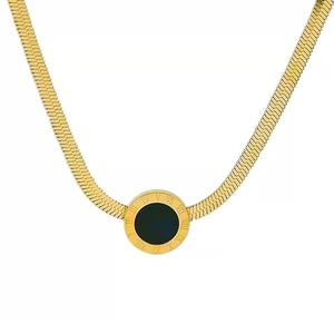 Gold titanium steel snake chain necklace featuring a black round Roman numeral pendant