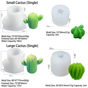 Size chart showing 3D cactus silicone molds dimensions and capacity for DIY candle making