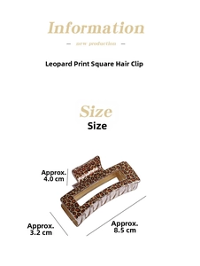 Detail view of square leopard print hair claw clip with size dimensions 8.5cm by 4.0cm