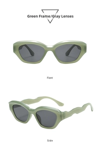 Detail of light green cat-eye sunglasses with unique wavy temples and gray lenses