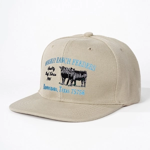 Vintage beige WHISKEY RANCH FEEDERS embroidered flat brim baseball cap with adjustable strap