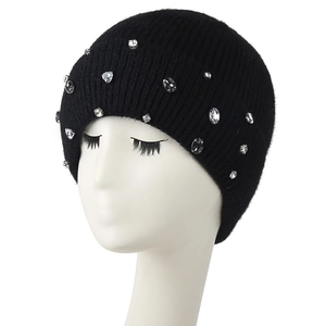 Women's black thick knitted beanie hat with sparkling faux crystal and pearl rhinestones