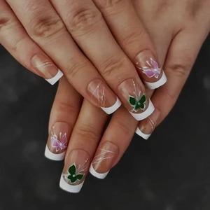 Elegant french square press-on nails with purple and green butterfly floral patterns