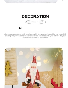 Detail of wooden Santa figurine and star ornament with warm Christmas bokeh lights