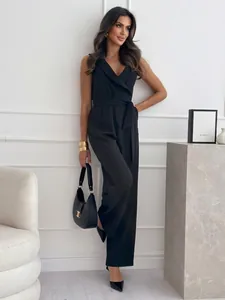Elegant high-waist black sleeveless jumpsuit with V-neck and stylish waist tie