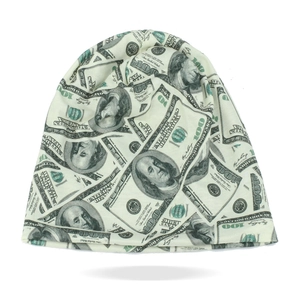 Detailed view of the 100 dollar bill print on the beige knitted beanie hat fabric