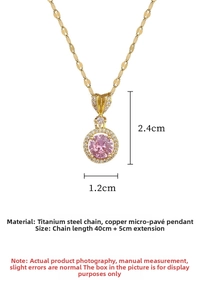 Macro detail of 18K gold titanium heart necklace with micro-pave pink zircon pendant