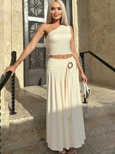Women One Shoulder Ruched Top And Maxi Skirt Polyester Spandex Slim Fit Summer Vacation Elegant Apricot
