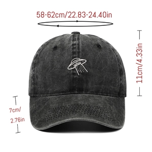 Vintage dark grey washed denim baseball cap featuring white UFO embroidery on the front