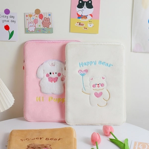 Cute plush tablet sleeve for iPad 11 inch featuring cartoon puppy and bear embroidery