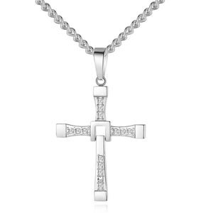Silver stainless steel cross pendant necklace with embedded cubic zirconia stones and chain