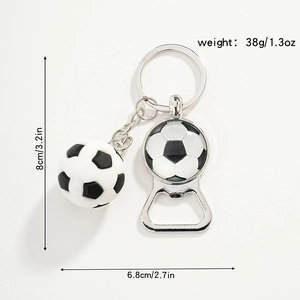 Detail shot showing 38g football keychain bottle opener dimensions 8cm by 6.8cm
