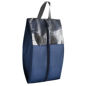 Travel shoe bag in dark blue with silver honeycomb detail and top carry handle