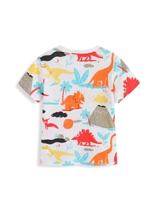 Short-sleeved white boys' T-shirt with colorful cartoon dinosaur print on the back