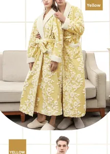 Detail of lemon yellow thick flannel robe with embossed floral patterns and belt
