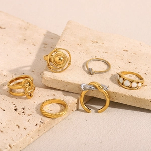 6-piece 18K gold plated stainless steel ring set with opal and twisted knot designs