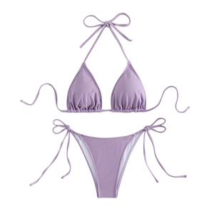 Lavender ribbed two-piece bikini set with halter neck top and side-tie bottoms