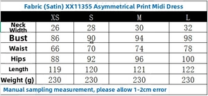Detailed size chart showing measurements for the asymmetrical satin print midi dress