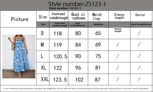 Detailed size chart for floral summer maxi dress covering measurements from S to XXL