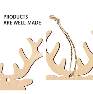 Close-up of laser-cut wooden reindeer antlers ornament with rustic hemp rope hanger