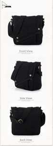 Detailed views of black canvas crossbody bag featuring adjustable strap and bronze buckle