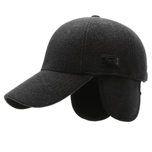 Men's dark grey wool baseball cap with earflaps for winter outdoor warmth