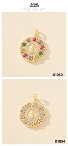 Detailed close-up of 18K gold religious Virgin Mary pendants with colorful zircon inlay