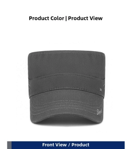 Detail of dark gray flat top cap with metal vents and embroidered Sport logo on the brim