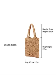 Handmade beige macrame tote bag for beach vacations with 27x27cm size dimensions