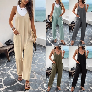 Combinaison femme à col en V en cinq couleurs pour un style de vacances décontracté d'été