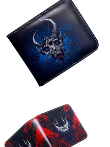 Detail of vintage skull print leather wallets in blue and red-black graffiti styles